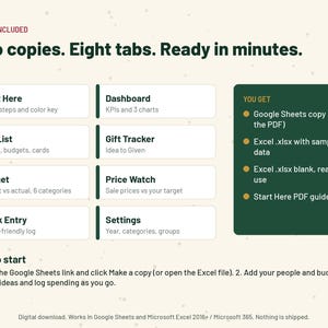 May include: A digital spreadsheet template for gift tracking featuring the text Two copies. Eight tabs. Ready in minutes. It lists eight sections including Start Here, Dashboard, Gift List, Gift Tracker, Budget, Price Watch, Quick Entry, and Settings.