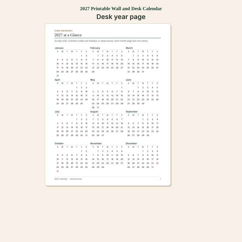 May include: A 2027 printable wall and desk calendar page titled 2027 at a Glance. The white document features a grid layout of all twelve months from January to December, starting on Sunday, with black text on a clean white background.