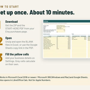 May include: An instructional graphic titled HOW TO START Set up once. About 10 minutes. It lists three steps: 1 Download, 2 Open, and 3 Fill the yellow cells. A spreadsheet preview shows business settings, services, prices, and team members.