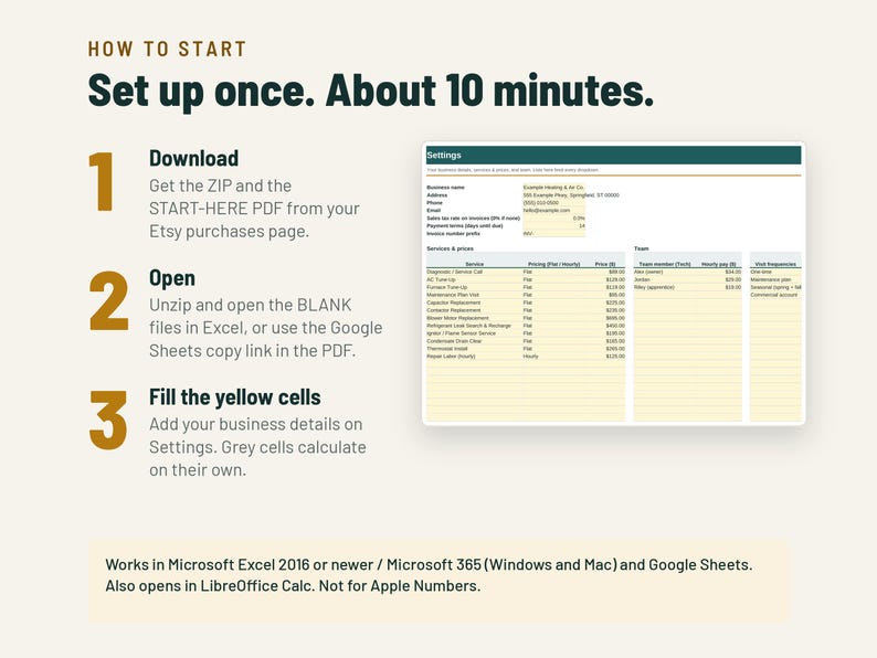 May include: An instructional graphic titled HOW TO START Set up once. About 10 minutes. It lists three steps: 1 Download, 2 Open, and 3 Fill the yellow cells. A spreadsheet preview shows business settings, services, prices, and team members.