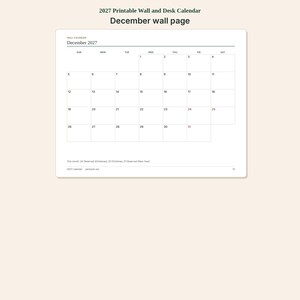 May include: A printable wall calendar page for December 2027 featuring a grid layout with days of the week from Sunday to Saturday. The text includes December 2027, holiday notes for Christmas and New Year, and a 2027 calendar personal use label.