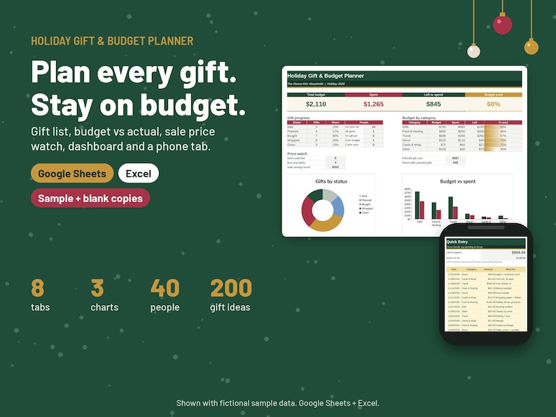 May include: A digital holiday gift and budget planner for Google Sheets and Excel. The interface displays a dashboard with budget tracking, gift lists, and charts. A mobile phone view shows a quick entry tab. Text includes Plan every gift. Stay on budget.