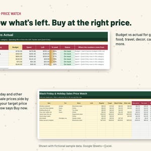 May include: A digital budget and price watch spreadsheet template featuring two tables: Budget vs Actual and Black Friday & Holiday Sales Price Watch. The layout includes text headers, columns for categories, spending, and target prices for holiday shopping.