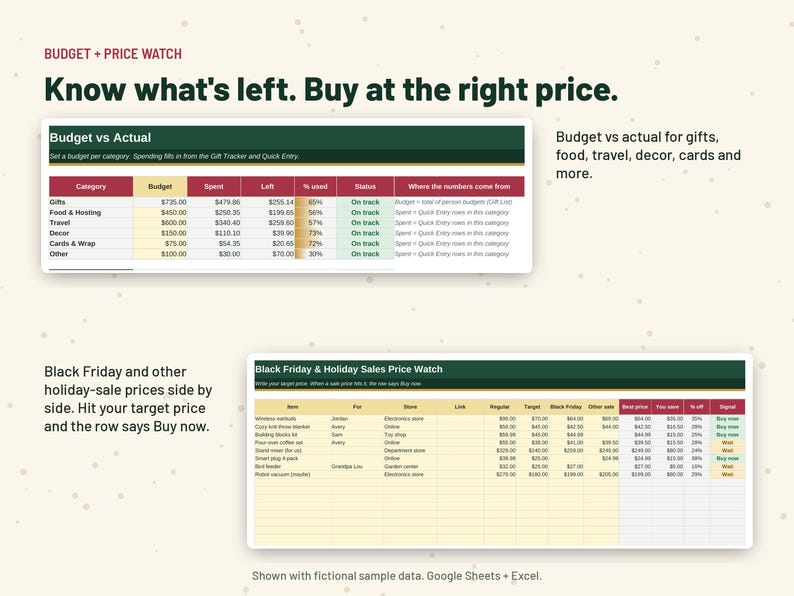 May include: A digital budget and price watch spreadsheet template featuring two tables: Budget vs Actual and Black Friday & Holiday Sales Price Watch. The layout includes text headers, columns for categories, spending, and target prices for holiday shopping.