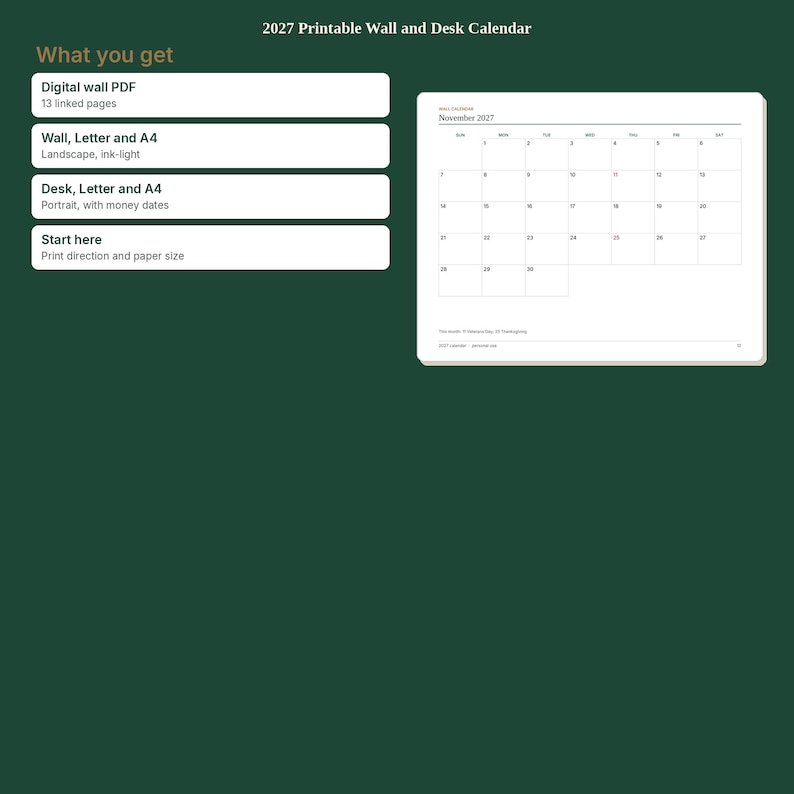 May include: A 2027 printable wall and desk calendar digital product listing. The text includes What you get, Digital wall PDF, Wall, Letter and A4, Desk, Letter and A4, and Start here. A calendar page for November 2027 is displayed on the right.
