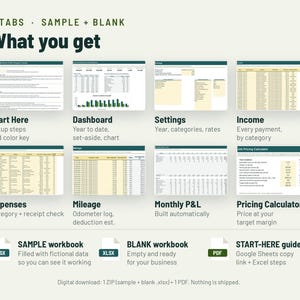 May include: A digital spreadsheet template featuring 8 tabs including Start Here, Dashboard, Settings, Income, Expenses, Mileage, Monthly P&L, and Pricing Calculator. Includes sample and blank workbooks in XLSX format and a PDF guide.
