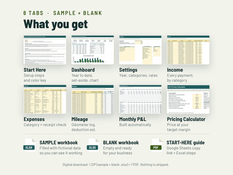 May include: A digital spreadsheet template featuring 8 tabs including Start Here, Dashboard, Settings, Income, Expenses, Mileage, Monthly P&L, and Pricing Calculator. Includes sample and blank workbooks in XLSX format and a PDF guide.