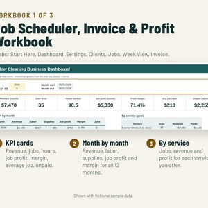 May include: A digital Job Scheduler, Invoice & Profit Workbook for window cleaning businesses. It features a dashboard with KPI cards for revenue, jobs, and profit, plus month-by-month and by-service tracking tabs with sample data.