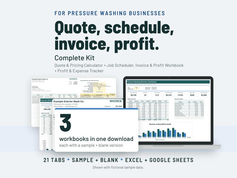 Pressure Washing Business Start Up Kit | Soft Wash Pricing Calculator, Estimate, Invoice | Google Sheets + Excel image 1