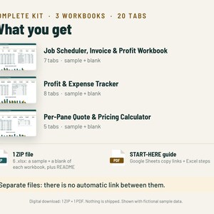 May include: A digital workbook kit containing three spreadsheets: a Job Scheduler, Invoice & Profit Workbook with 7 tabs, a Profit & Expense Tracker with 8 tabs, and a Per-Pane Quote & Pricing Calculator with 5 tabs, plus a ZIP file and PDF guide.