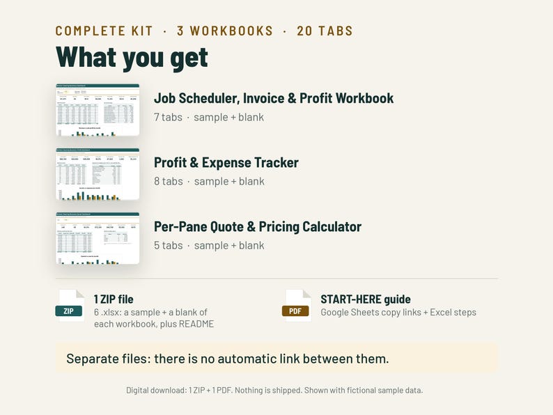 May include: A digital workbook kit containing three spreadsheets: a Job Scheduler, Invoice & Profit Workbook with 7 tabs, a Profit & Expense Tracker with 8 tabs, and a Per-Pane Quote & Pricing Calculator with 5 tabs, plus a ZIP file and PDF guide.