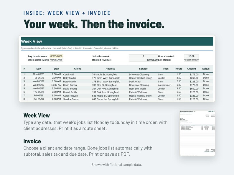 Pressure Washing Invoice Template and Job Scheduler | Client Tracker, Job Profit | Google Sheets + Excel image 4