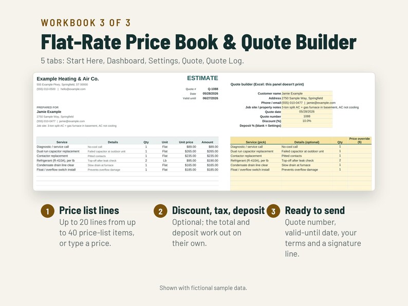 May include: A digital workbook titled Flat-Rate Price Book & Quote Builder with five tabs including Start Here, Dashboard, Settings, Quote, and Quote Log. It displays an estimate template for Example Heating & Air Co. with service lines.