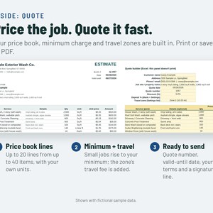 May include: A digital estimate template for an exterior wash company featuring fields for customer details, job site information, and a line-item table for services like house washing, roof cleaning, and driveway maintenance with sample data.