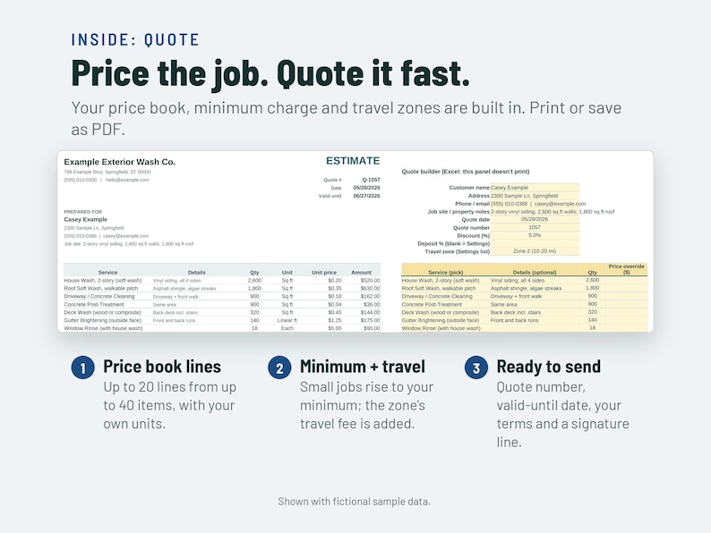 May include: A digital estimate template for an exterior wash company featuring fields for customer details, job site information, and a line-item table for services like house washing, roof cleaning, and driveway maintenance with sample data.