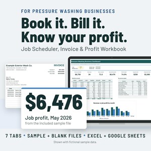 Pressure Washing Invoice Template and Job Scheduler | Client Tracker, Job Profit | Google Sheets + Excel image 1
