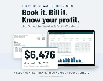 Pressure Washing Invoice Template and Job Scheduler | Client Tracker, Job Profit | Google Sheets + Excel
