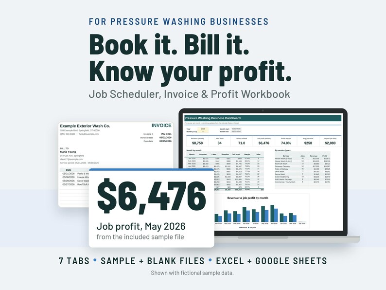 Pressure Washing Invoice Template and Job Scheduler | Client Tracker, Job Profit | Google Sheets + Excel image 1