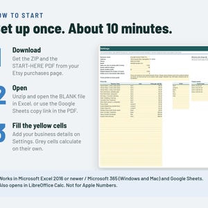 May include: An instructional graphic titled HOW TO START Set up once. About 10 minutes. It lists three steps: 1 Download, 2 Open, and 3 Fill the yellow cells. A spreadsheet preview is shown on the right. Text notes compatibility with Excel and Google Sheets.