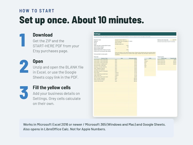 May include: An instructional graphic titled HOW TO START Set up once. About 10 minutes. It lists three steps: 1 Download, 2 Open, and 3 Fill the yellow cells. A spreadsheet preview is shown on the right. Text notes compatibility with Excel and Google Sheets.