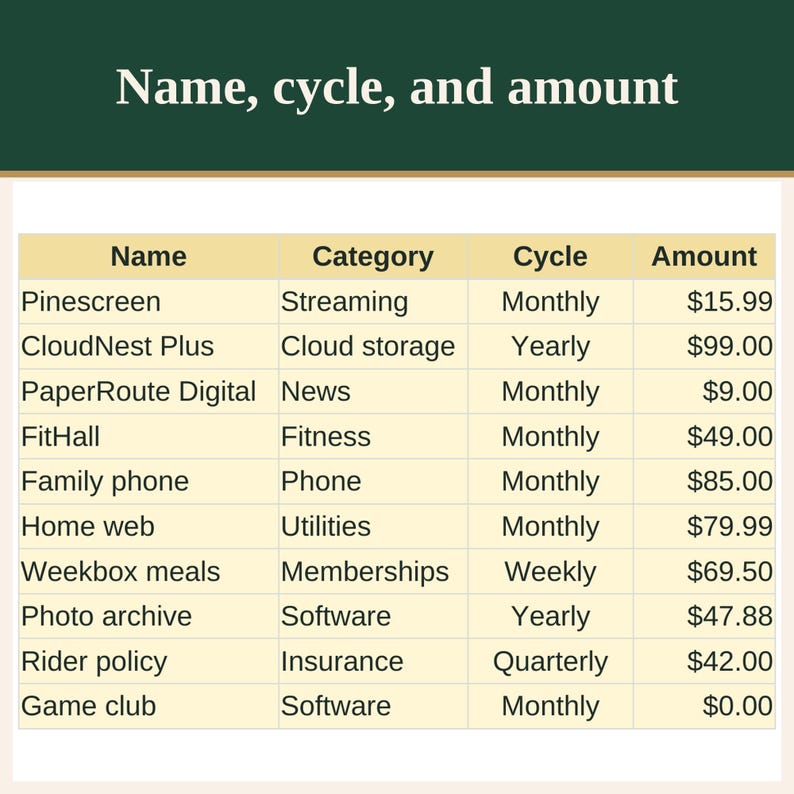 Subscription and Recurring Bills Tracker Spreadsheet with Renewal Dates image 2