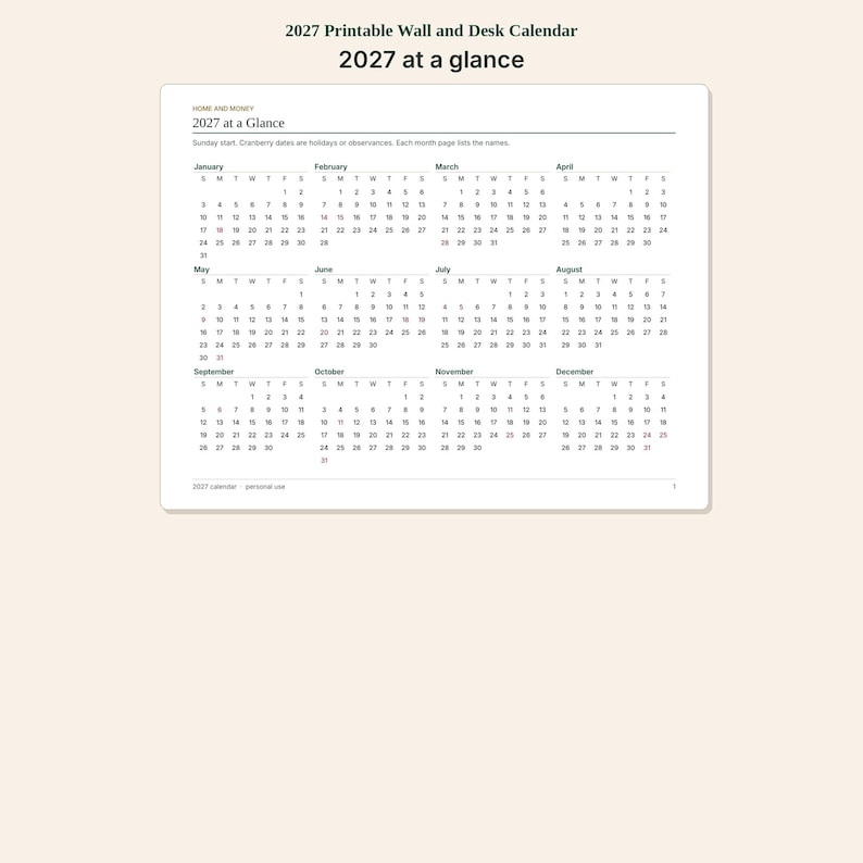 May include: A white printable wall and desk calendar page for 2027. The header reads 2027 at a Glance. It features a grid layout of all twelve months from January to December, with Sunday start dates and black text on a white background.