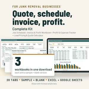 Junk Removal Business Start Up Kit | Load Pricing Calculator, Estimate, Invoice, Scheduler | Google Sheets + Excel