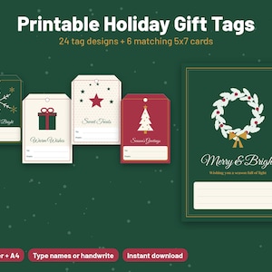Printable Christmas Gift Tags and Holiday Card Set | 24 Tags, 6 Cards | Editable PDF