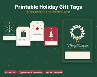 Printable Christmas Gift Tags and Card Set, Editable PDF