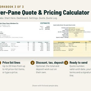 May include: A digital spreadsheet titled Per-Pane Quote & Pricing Calculator, Workbook 3 of 3. It displays an estimate form for Example Clear Pane Window Co. with columns for service, details, quantity, unit price, and amount, plus three numbered feature points.