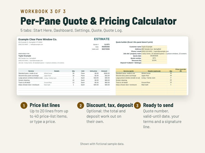 May include: A digital spreadsheet titled Per-Pane Quote & Pricing Calculator, Workbook 3 of 3. It displays an estimate form for Example Clear Pane Window Co. with columns for service, details, quantity, unit price, and amount, plus three numbered feature points.