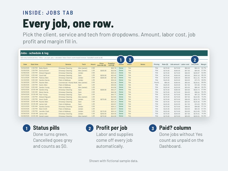 Pressure Washing Invoice Template and Job Scheduler | Client Tracker, Job Profit | Google Sheets + Excel image 2