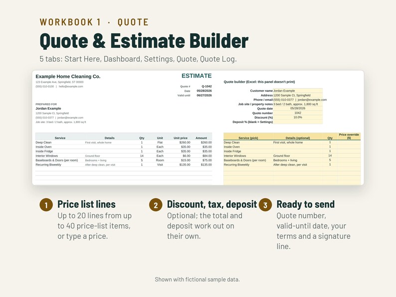 May include: A digital Quote & Estimate Builder workbook featuring five tabs: Start Here, Dashboard, Settings, Quote, and Quote Log. The interface displays a cleaning company estimate with service lines, pricing, discount, tax, and deposit fields.