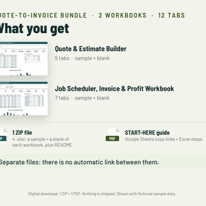 May include: A Quote-to-Invoice bundle featuring two workbooks with 12 tabs total. Includes a Quote & Estimate Builder with 5 tabs and a Job Scheduler, Invoice & Profit Workbook with 7 tabs. Delivered as 1 ZIP file with 4 .xlsx files and a PDF START-HERE guide.