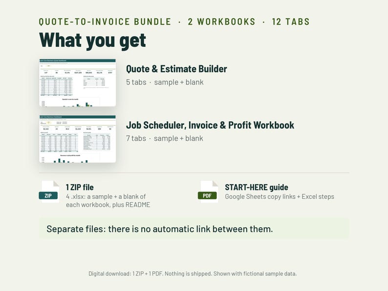 May include: A Quote-to-Invoice bundle featuring two workbooks with 12 tabs total. Includes a Quote & Estimate Builder with 5 tabs and a Job Scheduler, Invoice & Profit Workbook with 7 tabs. Delivered as 1 ZIP file with 4 .xlsx files and a PDF START-HERE guide.