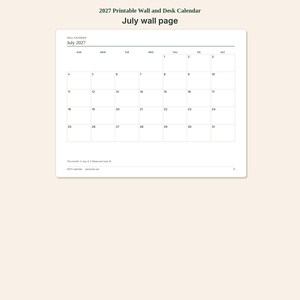 May include: A printable wall and desk calendar page for July 2027. The white calendar grid features black text, including the month and year, days of the week, and dates from 1 to 31. The bottom includes text noting July 4 and observed July 5.