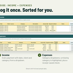 May include: A digital spreadsheet template for tracking income and expenses, featuring tables with columns for date, client or vendor, category, description, amount in dollars, payment method, notes, and month, with instructional text.