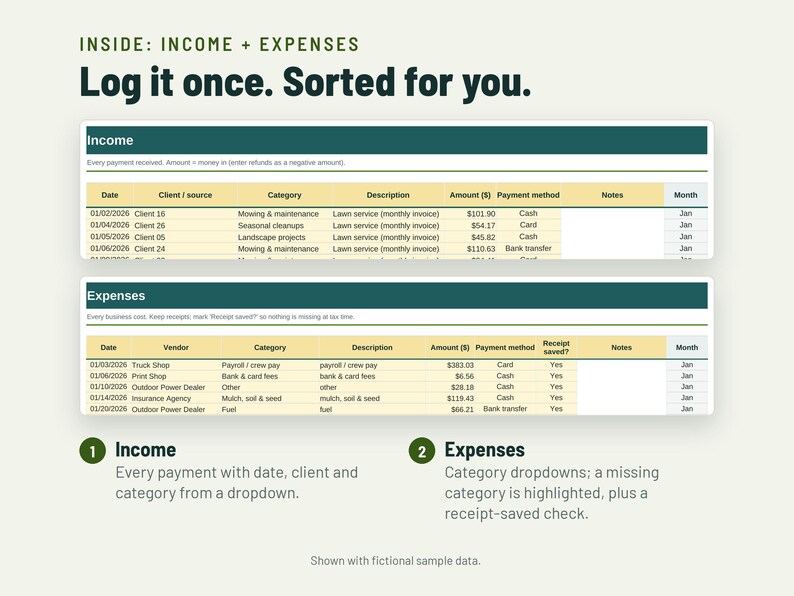 May include: A digital spreadsheet template for tracking income and expenses, featuring tables with columns for date, client or vendor, category, description, amount in dollars, payment method, notes, and month, with instructional text.