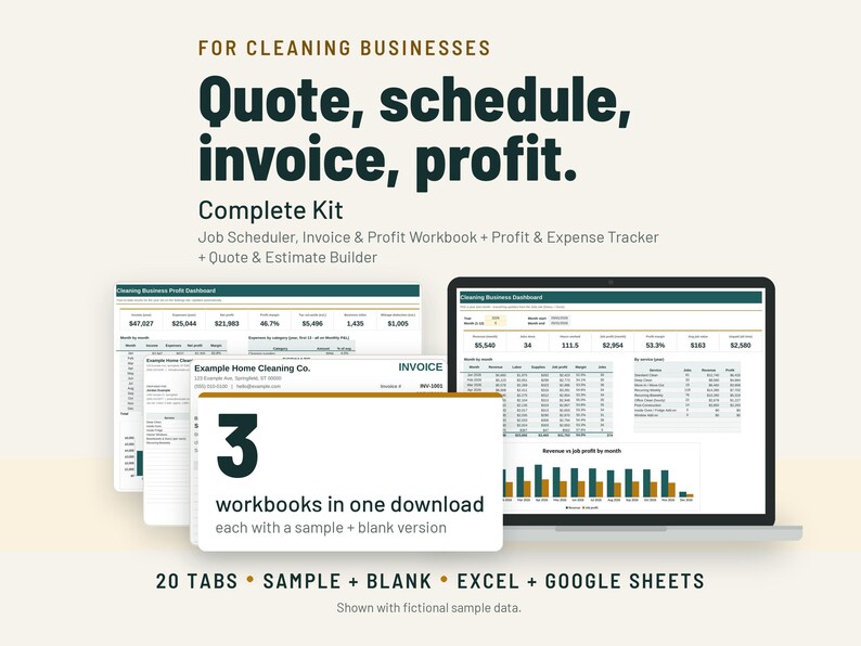 Cleaning Business Spreadsheet Bundle | Estimate, Invoice, Job Scheduler, Profit & Expense Tracker | Google Sheets + Excel image 1
