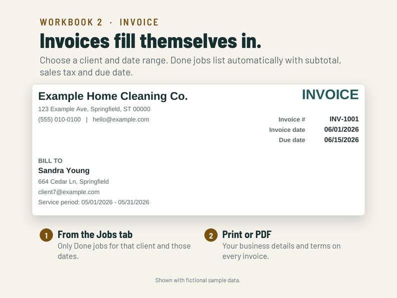 May include: A digital invoice template titled Workbook 2 Invoice with the text Invoices fill themselves in. It displays a sample invoice for Example Home Cleaning Co. billed to Sandra Young, including invoice number INV-1001 and dates.
