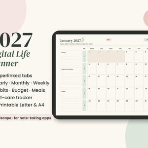 2027 Digital Life Planner | Hyperlinked PDF, Budget, Meal & Habit Tracker | Tablet + Printable