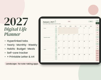 2027 Digital Planner, Hyperlinked PDF with Budget and Habit Tracker