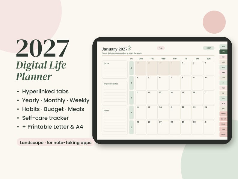 2027 Digital Planner, Hyperlinked PDF with Budget and Habit Tracker imagen 1