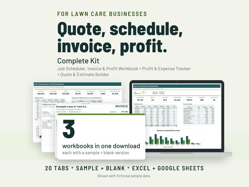 Lawn Care Business Spreadsheet Bundle | Estimate, Invoice, Mowing Scheduler, Profit Tracker | Google Sheets + Excel image 1