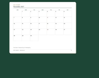 2027 Printable Wall and Desk Calendar | Sunday Start, Letter and A4