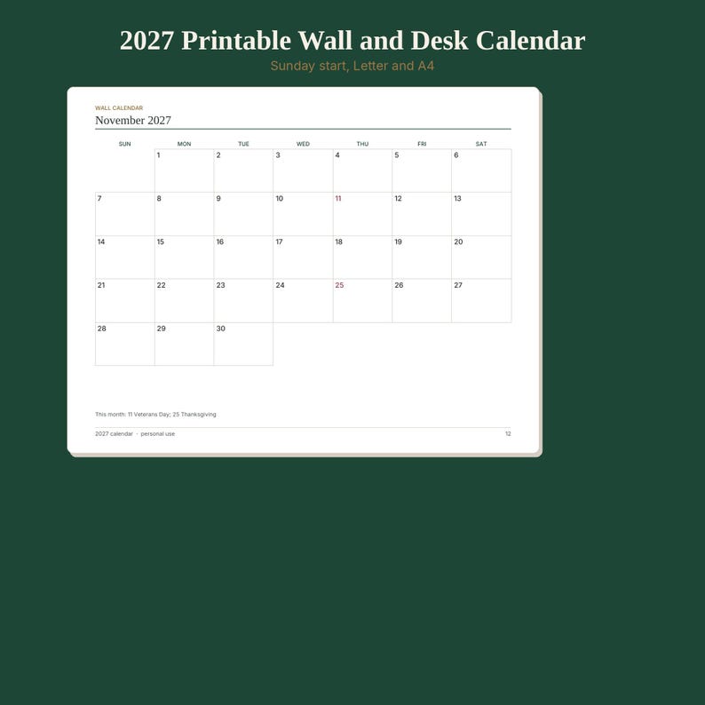 May include: A printable wall and desk calendar for November 2027 featuring a Sunday start grid. The white page displays the month title, days of the week, and numbered dates from 1 to 30. Text at the bottom notes holidays and usage.