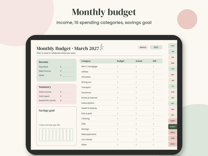 2027 Digital Planner, Hyperlinked PDF with Budget and Habit Tracker imagen 7