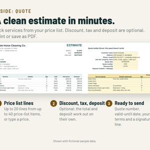 Cleaning Estimate Template | Cleaning Business Quote Form, Price List, Quote Tracker | Google Sheets + Excel image 2