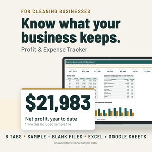 Cleaning Business Expenses Spreadsheet and Profit Tracker | Monthly P&L, Pricing Calculator | Google Sheets + Excel image 1