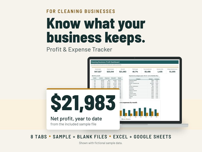 Cleaning Business Expenses Spreadsheet and Profit Tracker | Monthly P&L, Pricing Calculator | Google Sheets + Excel image 1